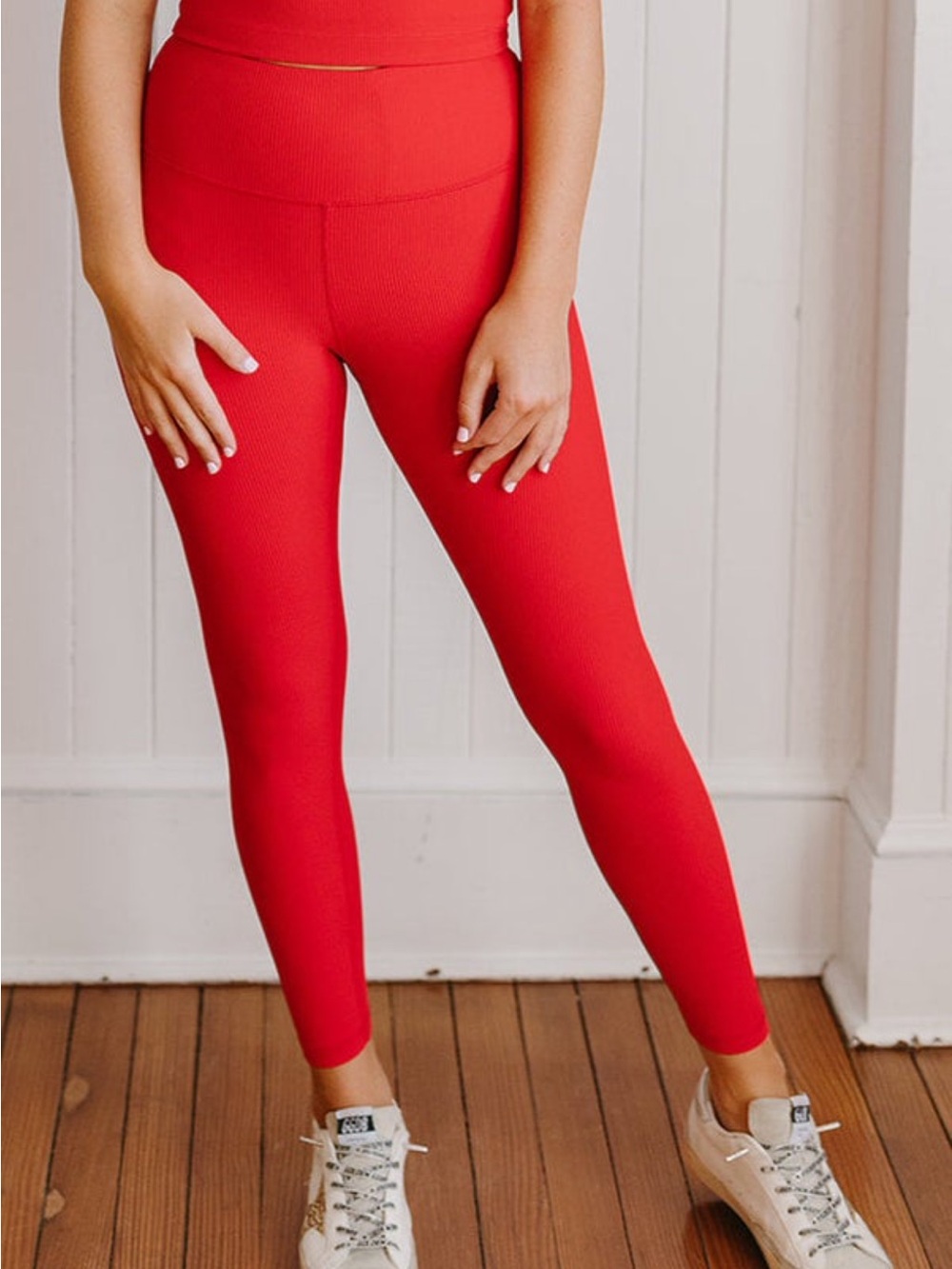 High-Rise Red Ribbed Leggings - Women's Active Pants